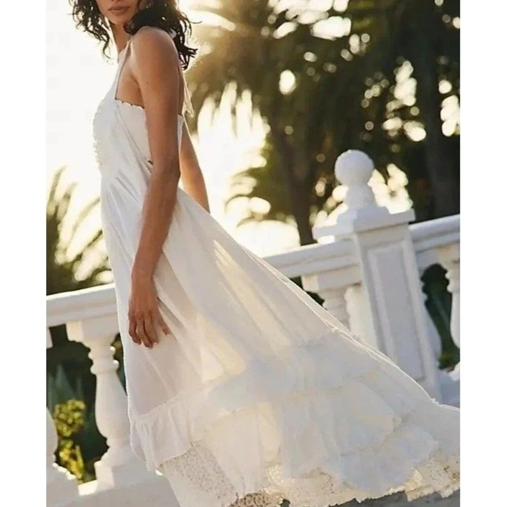 Free People Free-Est Kauri Maxi Dress Gauzey Smocked Halter Tiered Lace M 288428